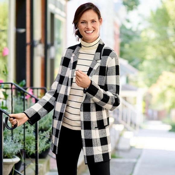TALBOTS Knit Blazer Cardigan Women’s Large Black White Gingham Buffalo Pockets - Picture 1 of 10